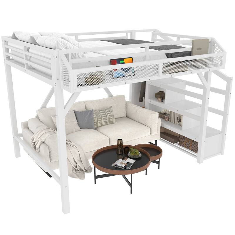 Full Loft Bed with Storage Stairs, Shelves and Built-in Wardrobe, Metal Loft Bed Frame with USB Ports and LED Lights, White