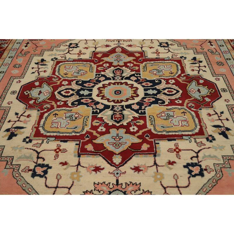 Hand Knotted Oriental 100% Wool Carpet Traditional Medallion Beige & Ivories Heriz (serapi) Area Rug - 10' 1'' X 8' 2''