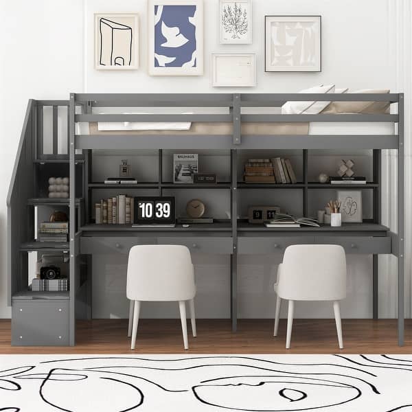 slide 2 of 14, Twin Size Loft Bed Frame with Storage Staircase