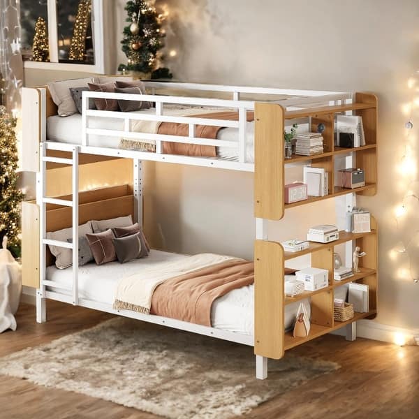 slide 2 of 14, 2 In 1 Metal Twin Over Twin Bunk Bed with Storage Bookcase,Kids Bed Design White