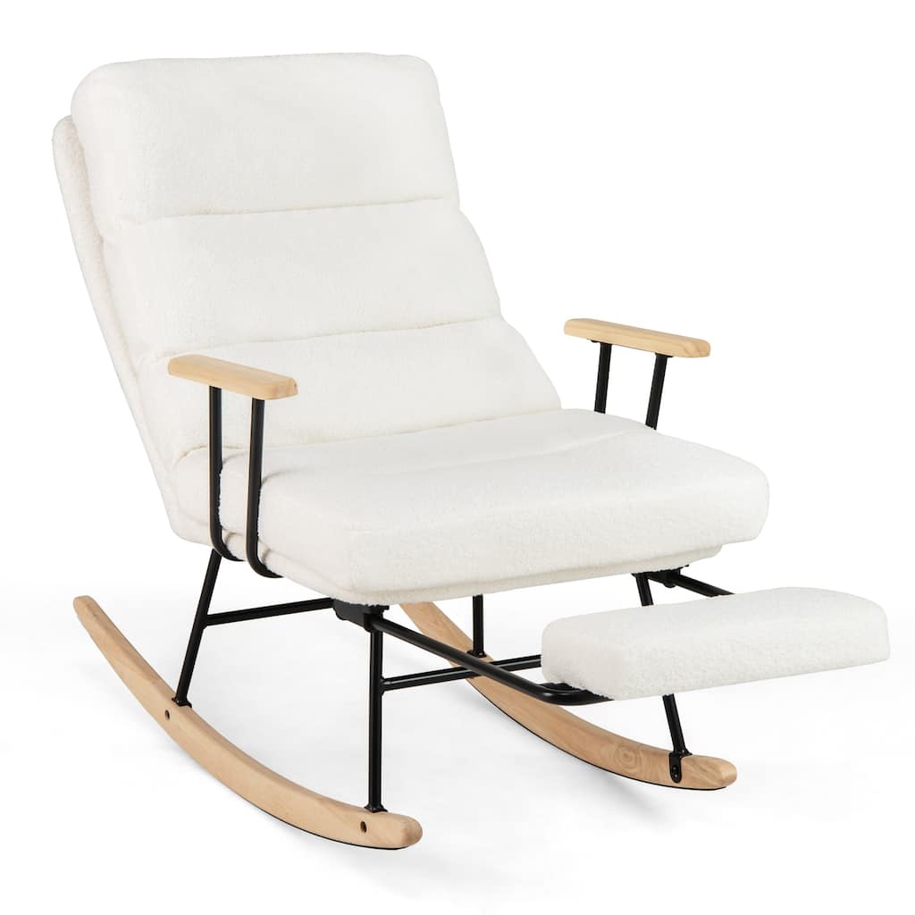 White Teddy Velvet Rubber Wood Rocking Chair with Adjustable Backrest and Footrest - 38" x 25.5" x 38"