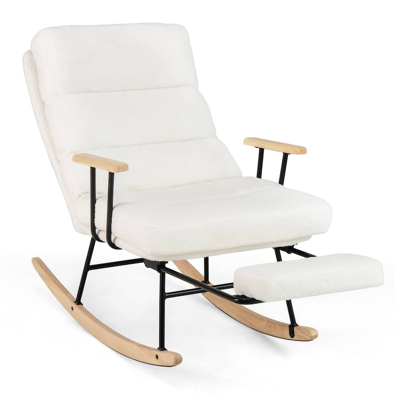 White Teddy Velvet Rubber Wood Rocking Chair with Adjustable Backrest and Footrest - 38" x 25.5" x 38" - White