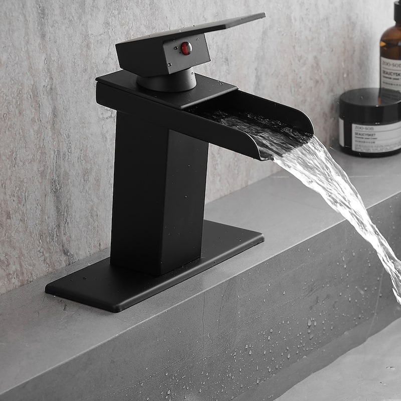 Single-handle Bathroom Waterfall Sink Faucet with Deckplate - Matte Black