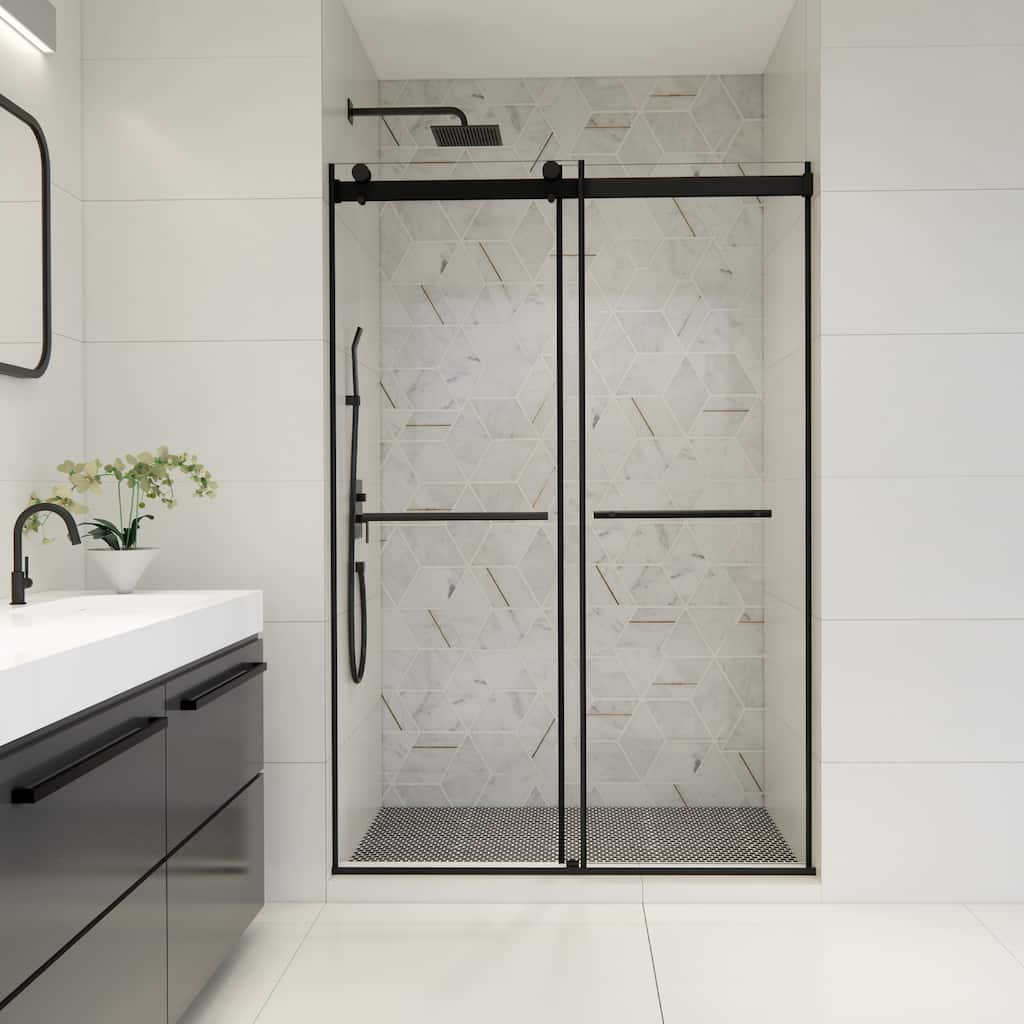 Altair Belizzi By Pass Frameless Shower Door in Matte Black Finish with Clear Glass