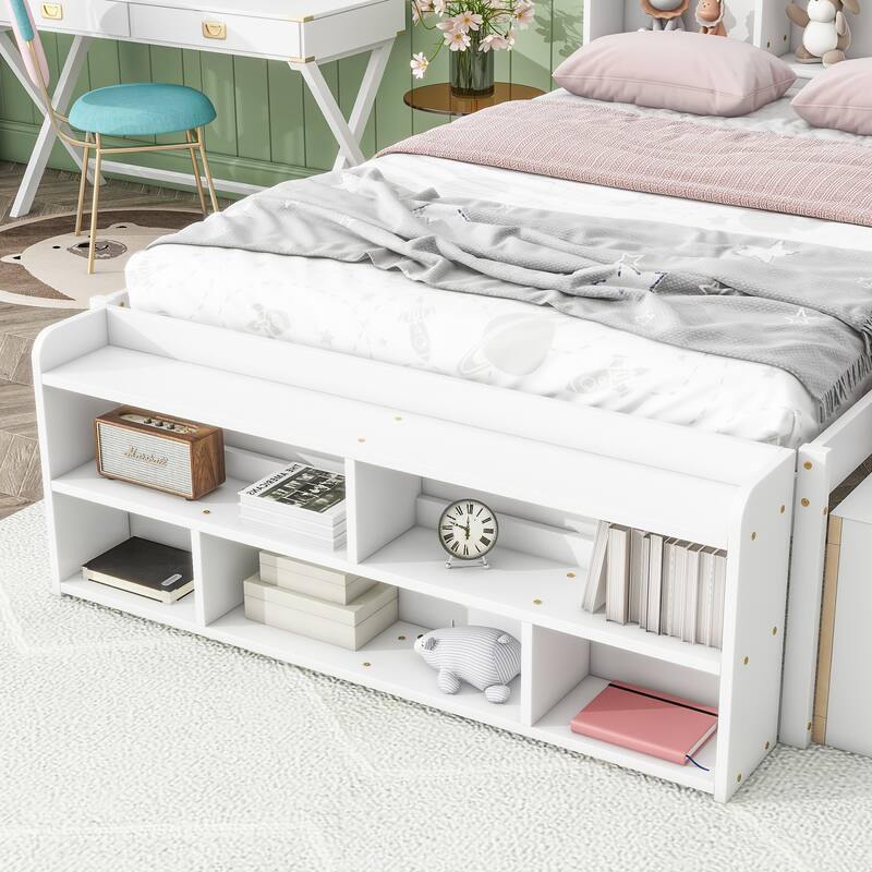 Full Bed with Bookcase Headboard, Under bed Storage Drawers and Bed End Storage Case for Small Space, Living Room, Apartment