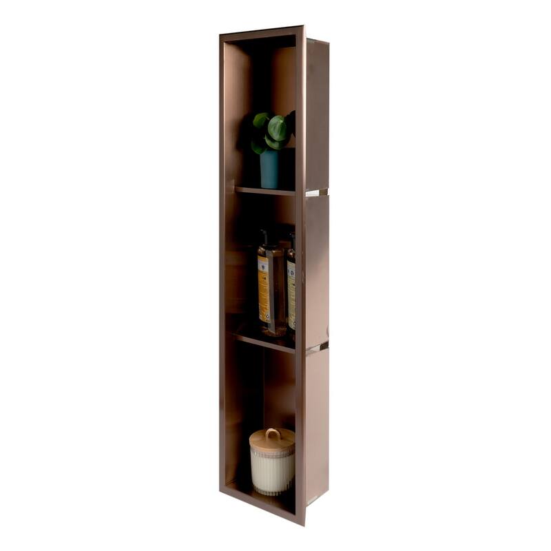 ALFI brand 8" x 36" Brushed Copper PVD Stainless Steel Vertical Triple Shelf Shower Niche - Mahogany