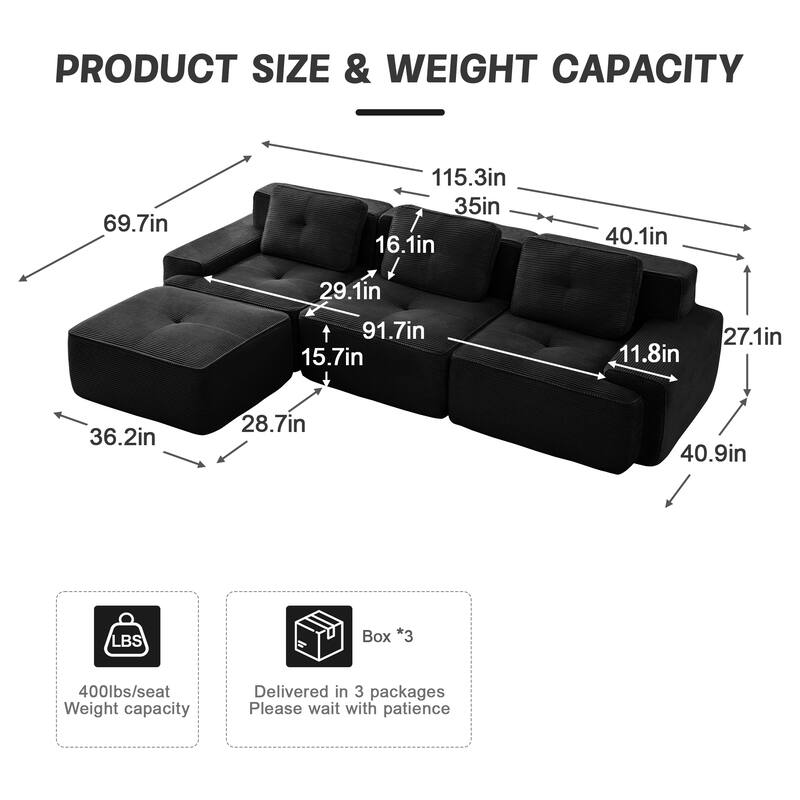 Roomfitters No Assembly Modular Sofa, 117 Inch Corduroy 3-Seater with Piping, Black