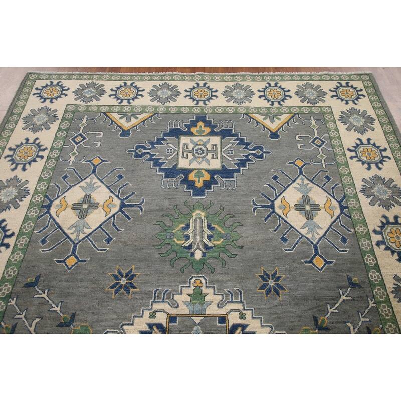 Hand Knotted Oriental 100% Wool Carpet Traditional Geometric Greys & Charcoal Kazak Area Rug - 9' 10'' X 6' 8''