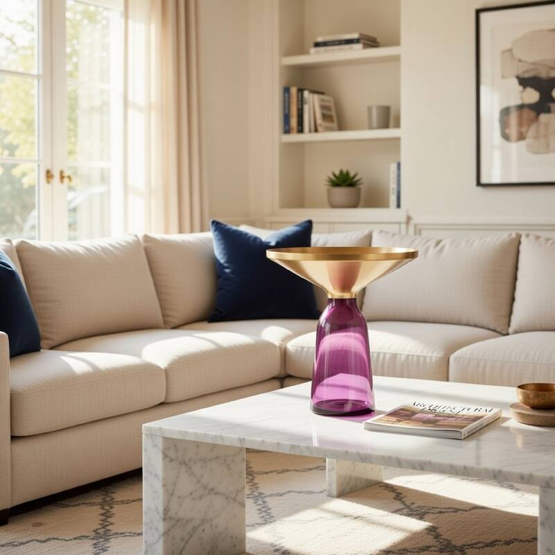 Len 21 Inch Side End Table, Purple Blown Glass Bell Base, Funnel Gold Steel