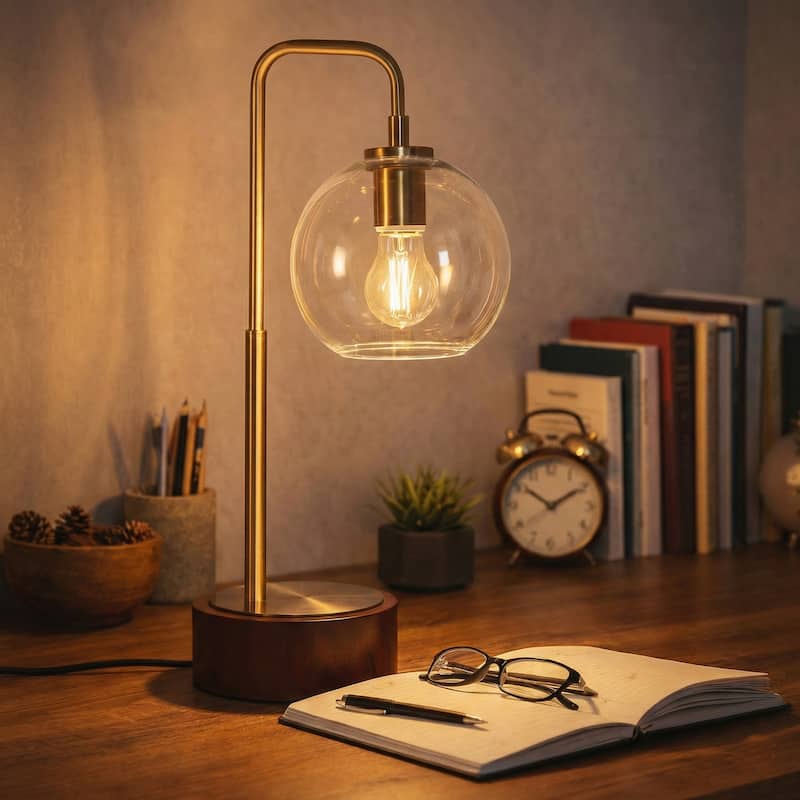 Kaia Modern Globe Table Lamp with Brushed Gold Accent - Walnut