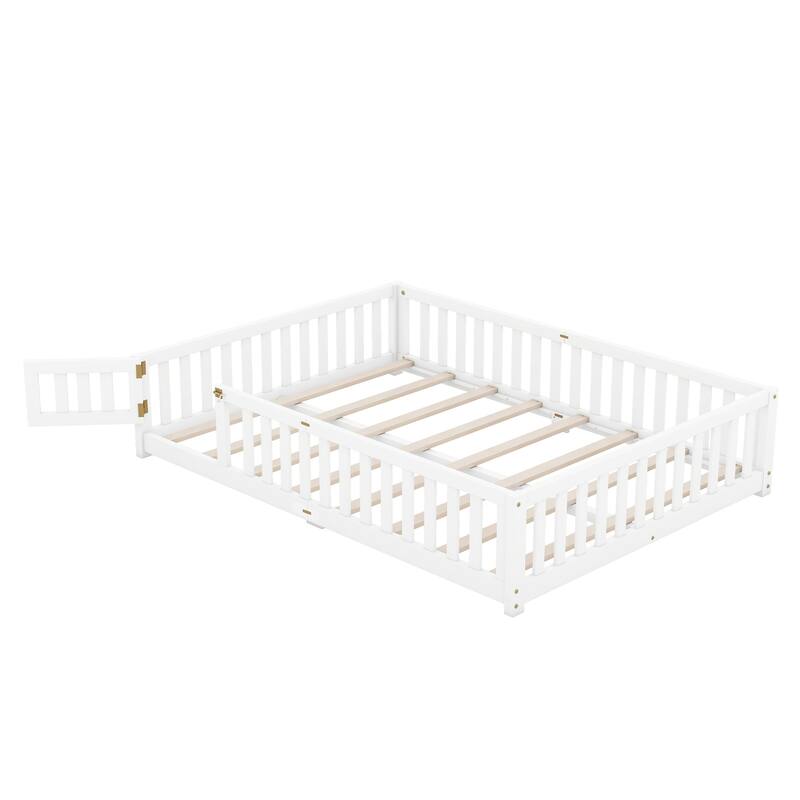 Queen Size Bed Floor Bed with Safety Guardrails and Door for Kids