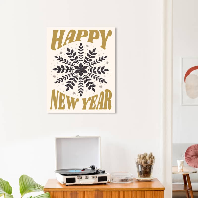 Wynwood Studio Canvas Holiday and Seasonal Happy Floral Snowflake Gold Modern & Contemporary Wall Art Canvas Print - 20 x 24