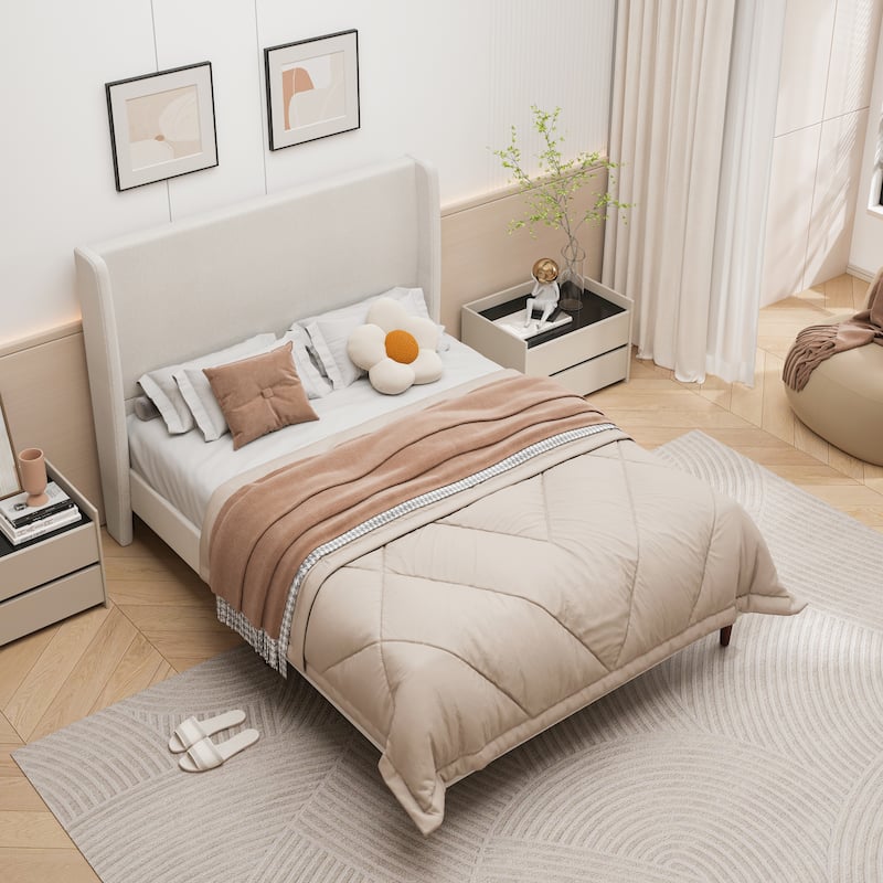 High Headboard Upholstered Bed, Queen Size Bed Frame, 12-Slat Support,Beige, Chenille Cloth, No Box Spring Needed