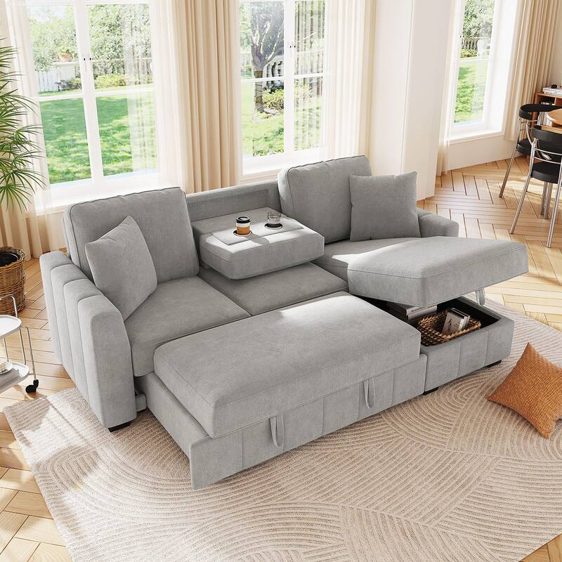L-Shaped Sectional Sleeper Sofa with Reversible Storage Chaise, Drop-Down Center Back Cushion with Dual Cup Holders