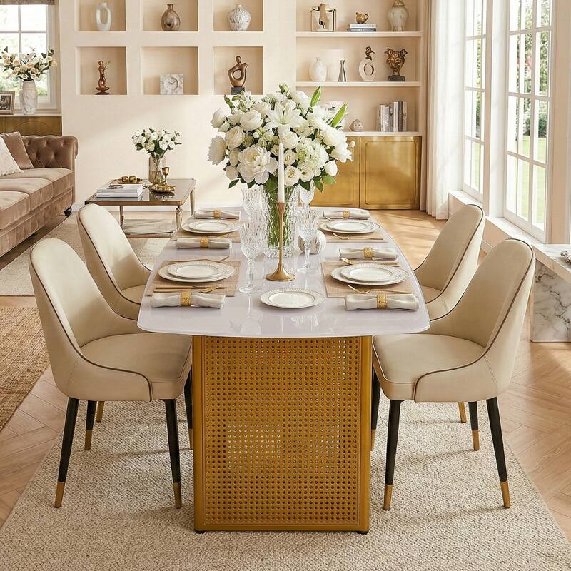 Modern Marble-Patterned Tempered Glass Dining Table, Rectangular Kitchen Table with Dual-Pedestal Metal Base