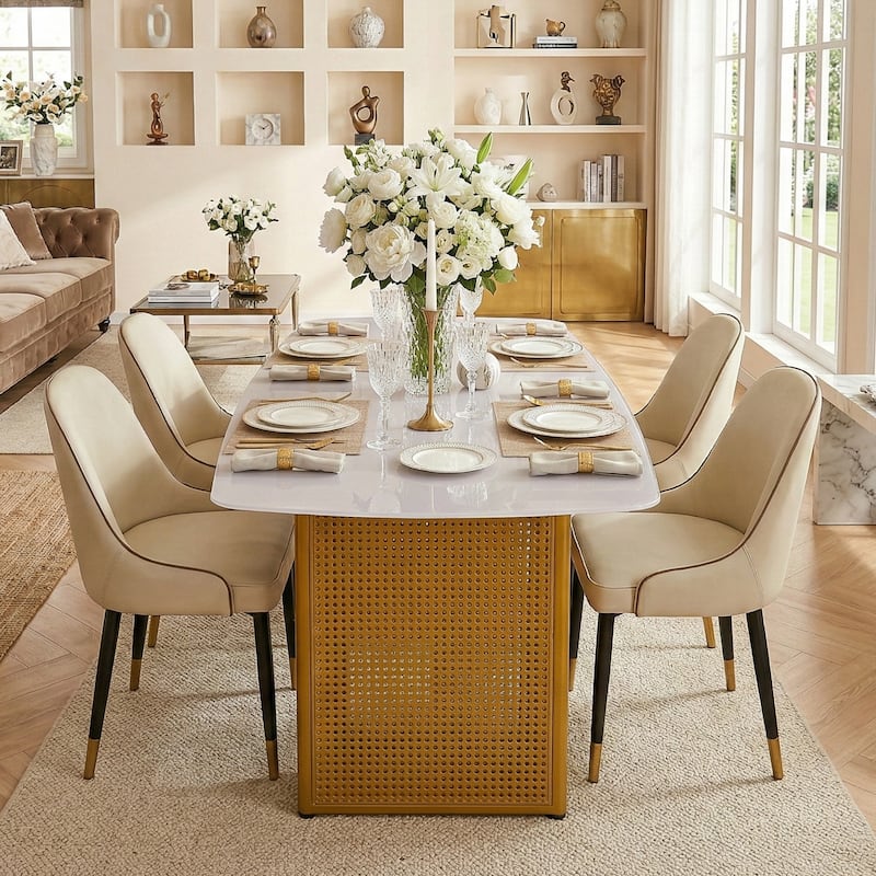 Modern Rectangular Tempered Glass Dining Table, Marble-Patterned Design with Gold Dual-Pedestal Metal Base for Dining Room