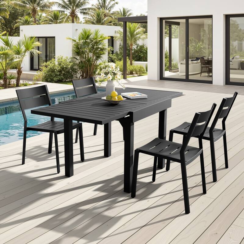 VredHom 5PC Outdoor Patio Aluminum Expandable Rectangle Table Dining Set with Stackable Chairs