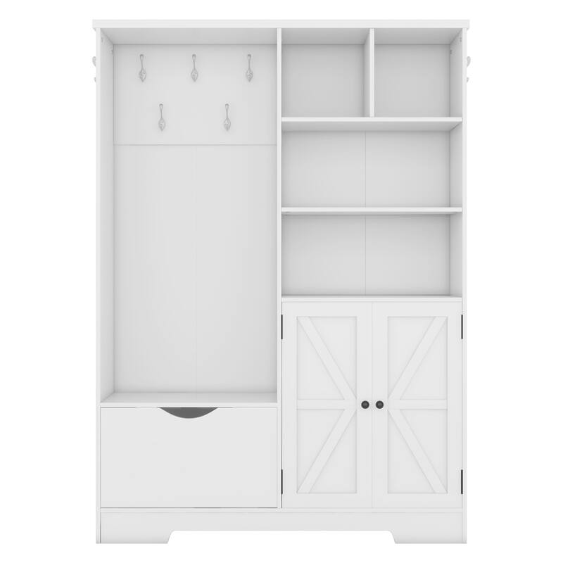 Multi-functional Hall Tree with Storage Shelves Drawers and Cabinet, Elegant Hallway Shoe Cabinet with Bench, Modern Coat Rack