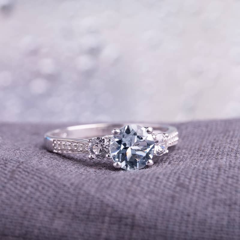 Miadora 10k White Gold Aquamarine Created White Sapphire and Diamond 3-Stone Engagement Ring