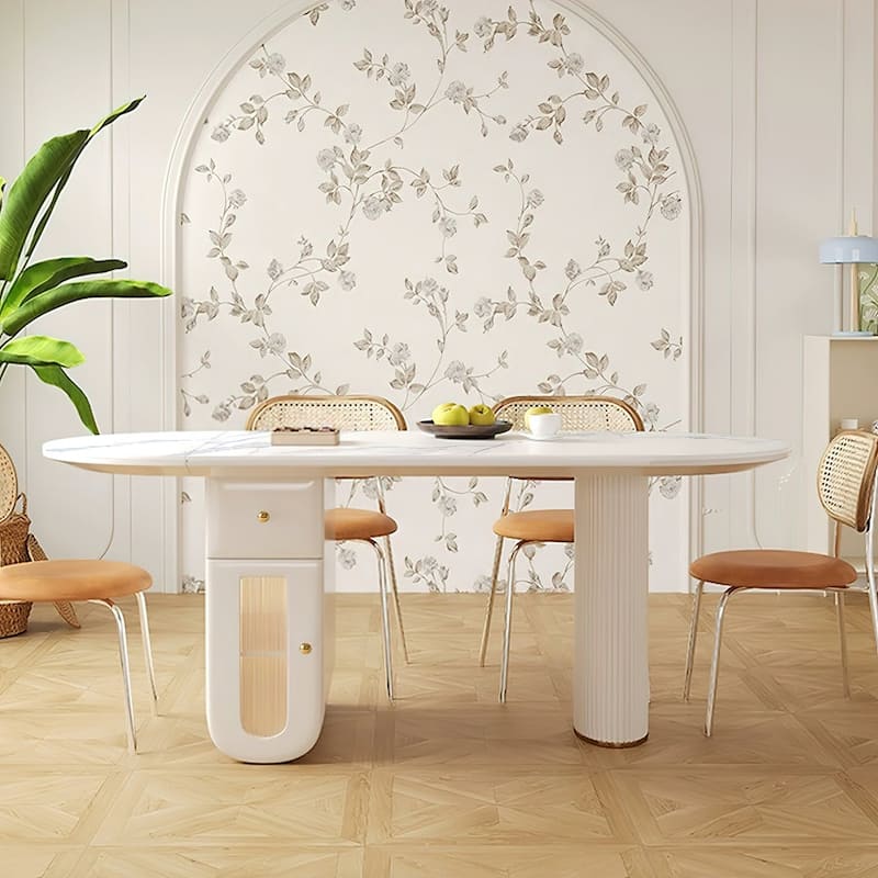 Modern Oval Sintered Stone Dining Table with Storage Cabinet