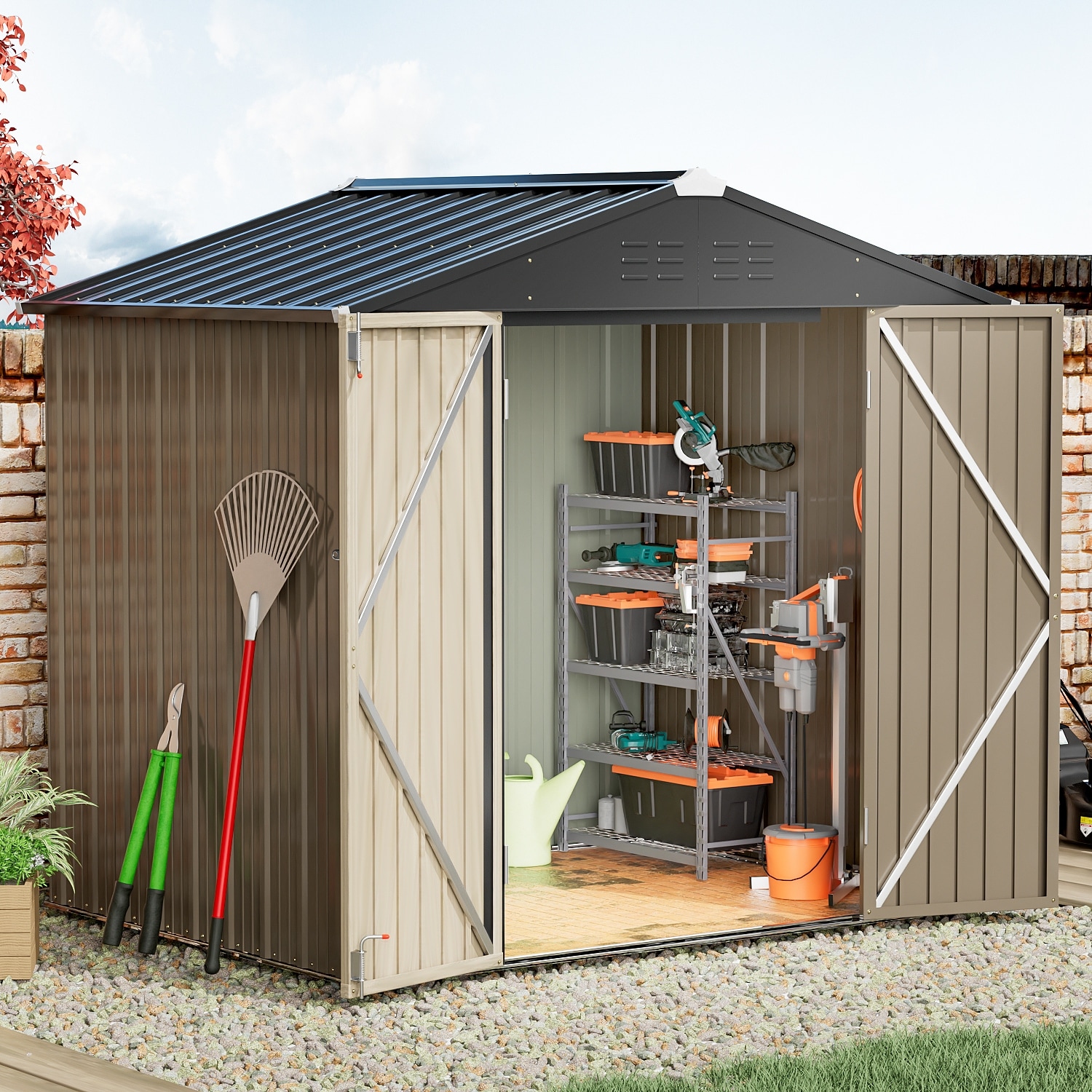 Outdoor Garden Box 4x6ft Garden-Shed Steel Sturdy Pent Roof Bike Tool  Storage