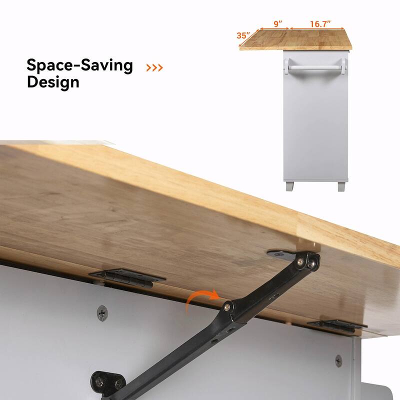 Kitchen Island with Rubber Wood Top, Spacious Drawer, Internal Storage Rack, Wheels