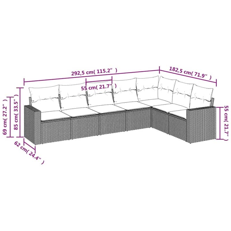vidaXL Patio Sofa Set with Cushions Outdoor Conversation Furniture Poly Rattan - 25.8" x 24.4" x 27.2"