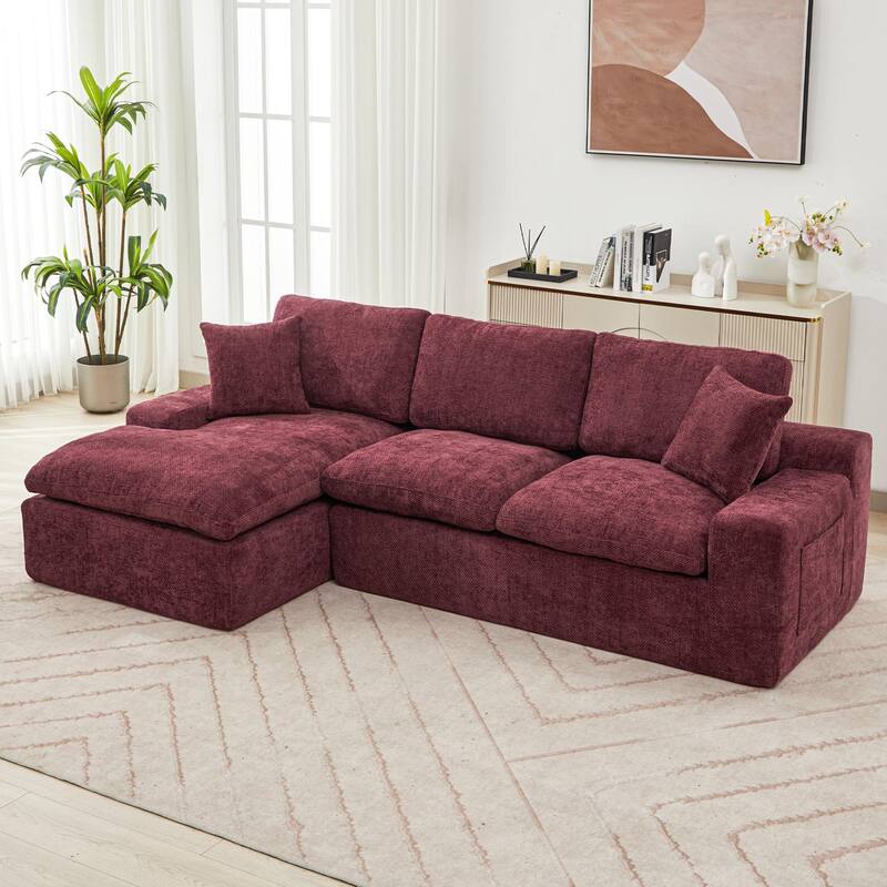 L-Shape Cloud Sectional Sofa with Chaise, Chenille Modular Boneless Upholstered Couche, Full-Compressed Sofa with Side Pockets