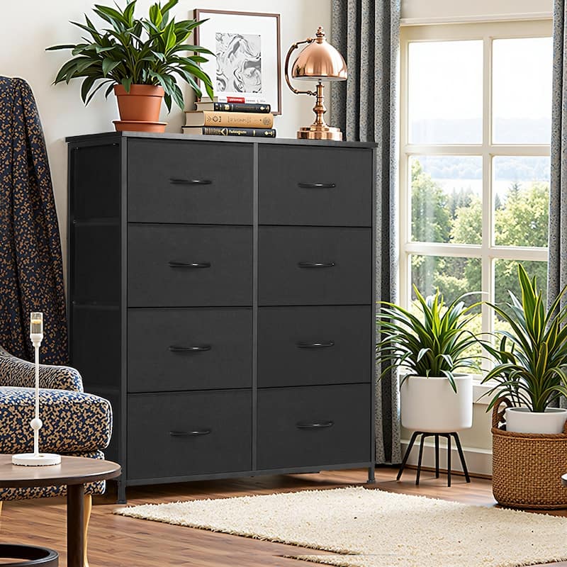 Dresser for Bedroom, 8 Storage Drawers, Tall Fabric Closet Chests Organizer Tower Furniture with Wooden Top Metal Frame - Black