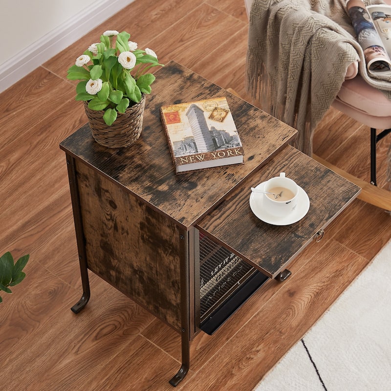 Modern Nightstand with Pull-out Shelf and Mesh Cabinet, Brown