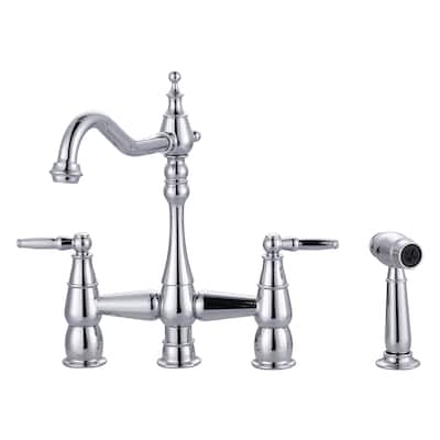 WOWOW 4 Hole Double Handle Bridge Kitchen Faucet with Side Sprayer
