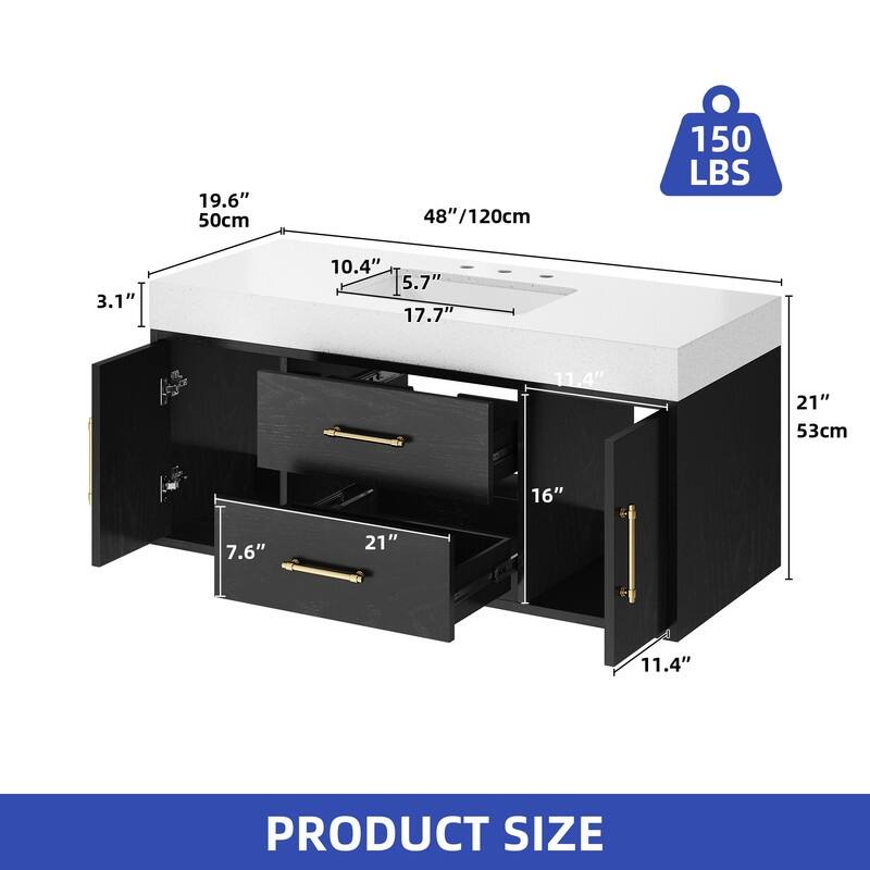 Moasis 40" Floating Bathroom Vanity with 2 Drawer and 2 Cabinet - Black - 48"W x 21"H x 19.6"D