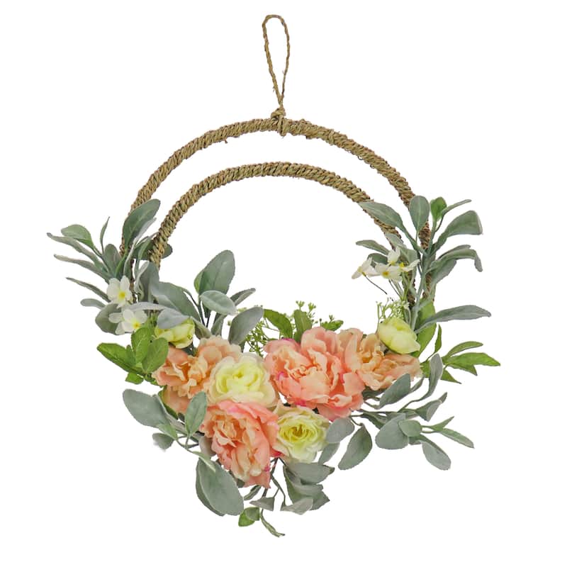 National Tree Company 18 inch Artificial Spring Double Hoop Wreath with Peony, Rose, and Lamb's Ear Flower Blooms