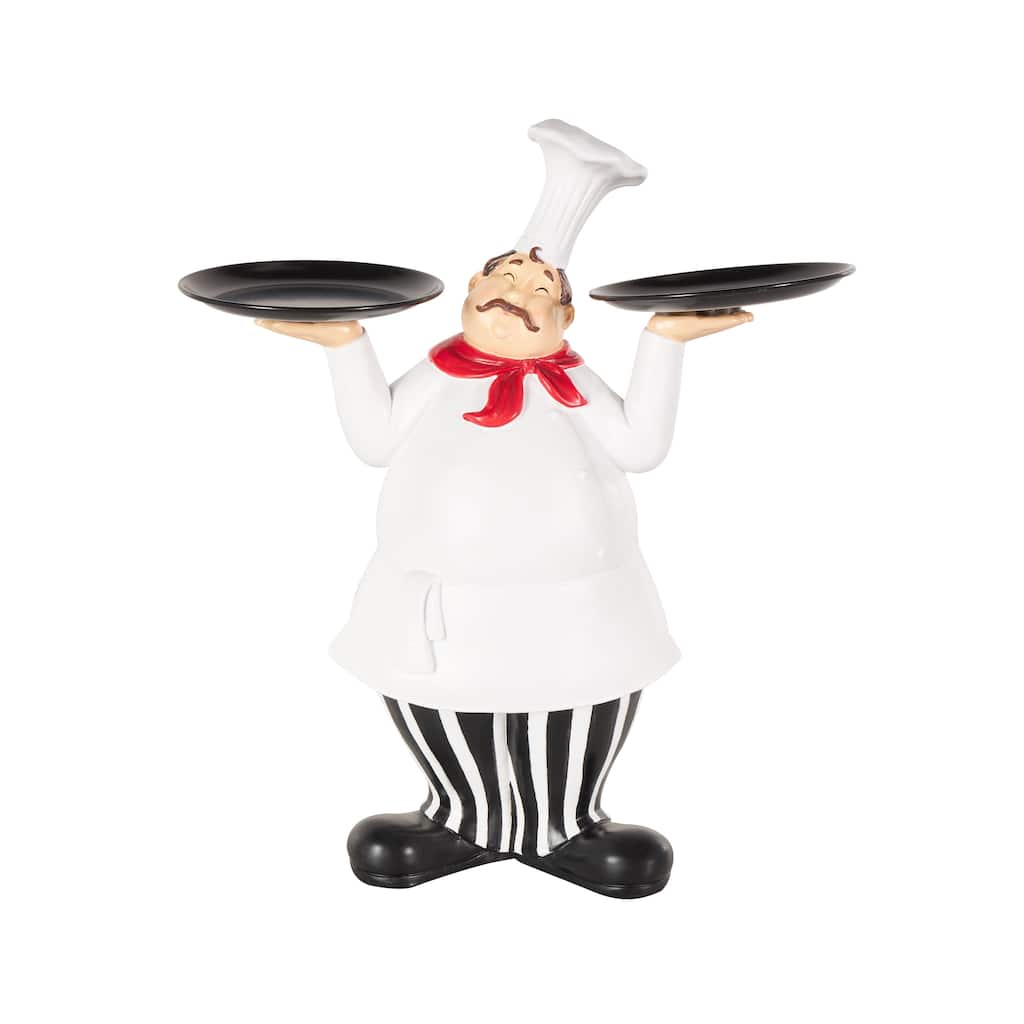 White Polystone Kitchen Decorative Figurine Chef Decorative Sculpture with Black Trays