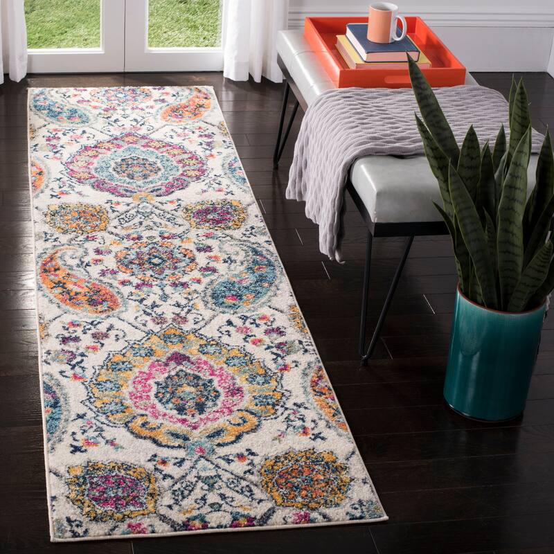 SAFAVIEH Madison Belle Boho Glam Paisley Pattern Area Rug - 2'3" x 14' Runner - Cream/Multi