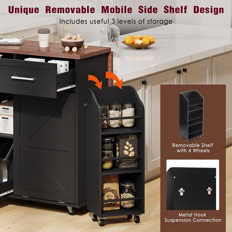47.2" Rolling Kitchen Island on 5 Wheels with Drop Leaf, Kitchen Island with 2 Drawers, Trash Can Storage