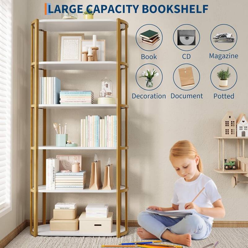 6 Tier Freestanding Open Storage Industrial Bookshelf, Bookcase for Bedroom, Living Room