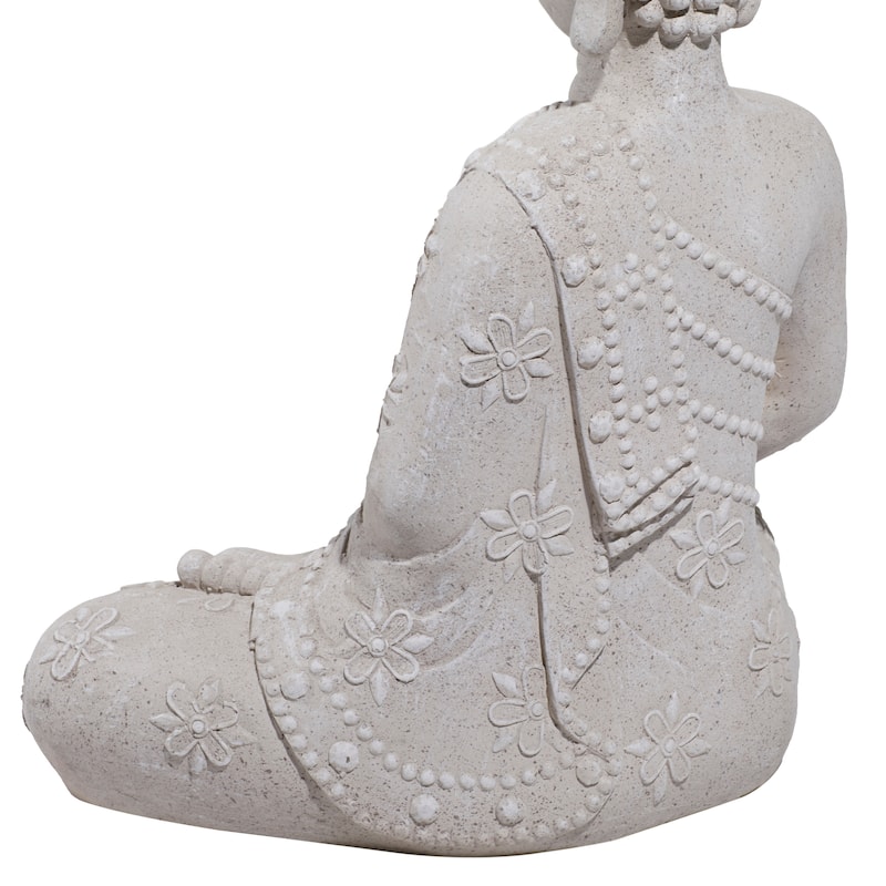 Gray Magnesium Oxide Indoor Outdoor Meditating Buddha Decorative Garden Sculpture with Floral Carvings and Beaded Details
