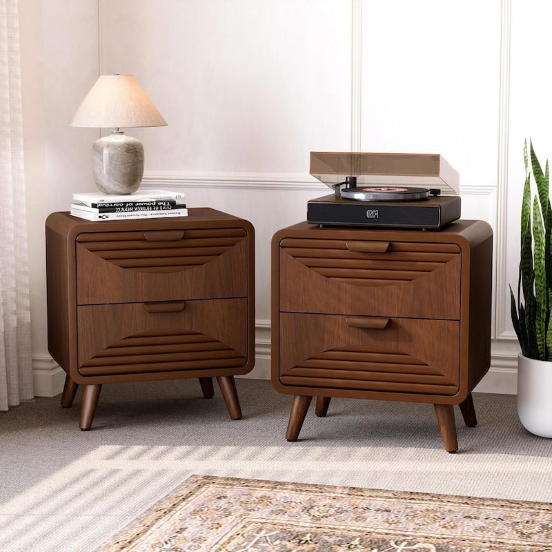 COSIEST Modern Brown End Table with Drawers - 2Piece-PlainandStrip - 2-drawer