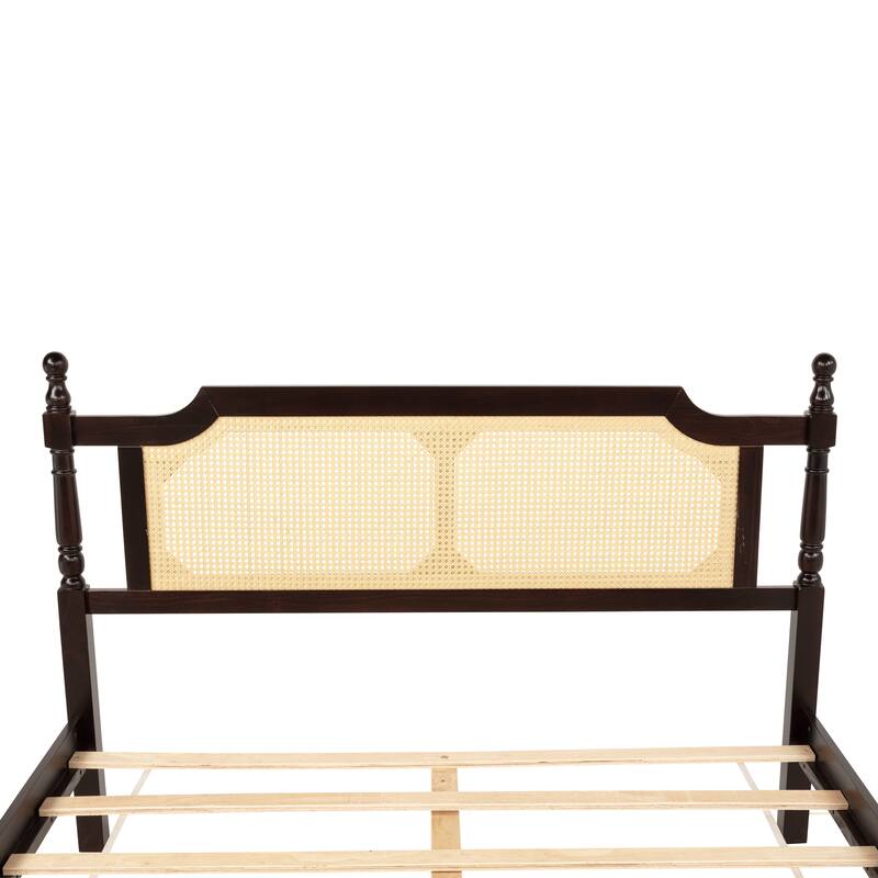Queen Pine wooden Bed with Rattan Headboard and Footboard