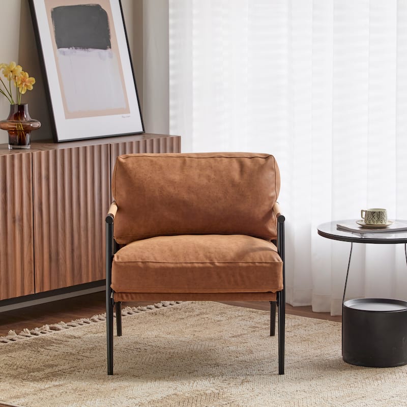 27.56" Modern Accent Chair with Plush Cushions, Minimalist Metal Frame,and Wooden Armrest Design