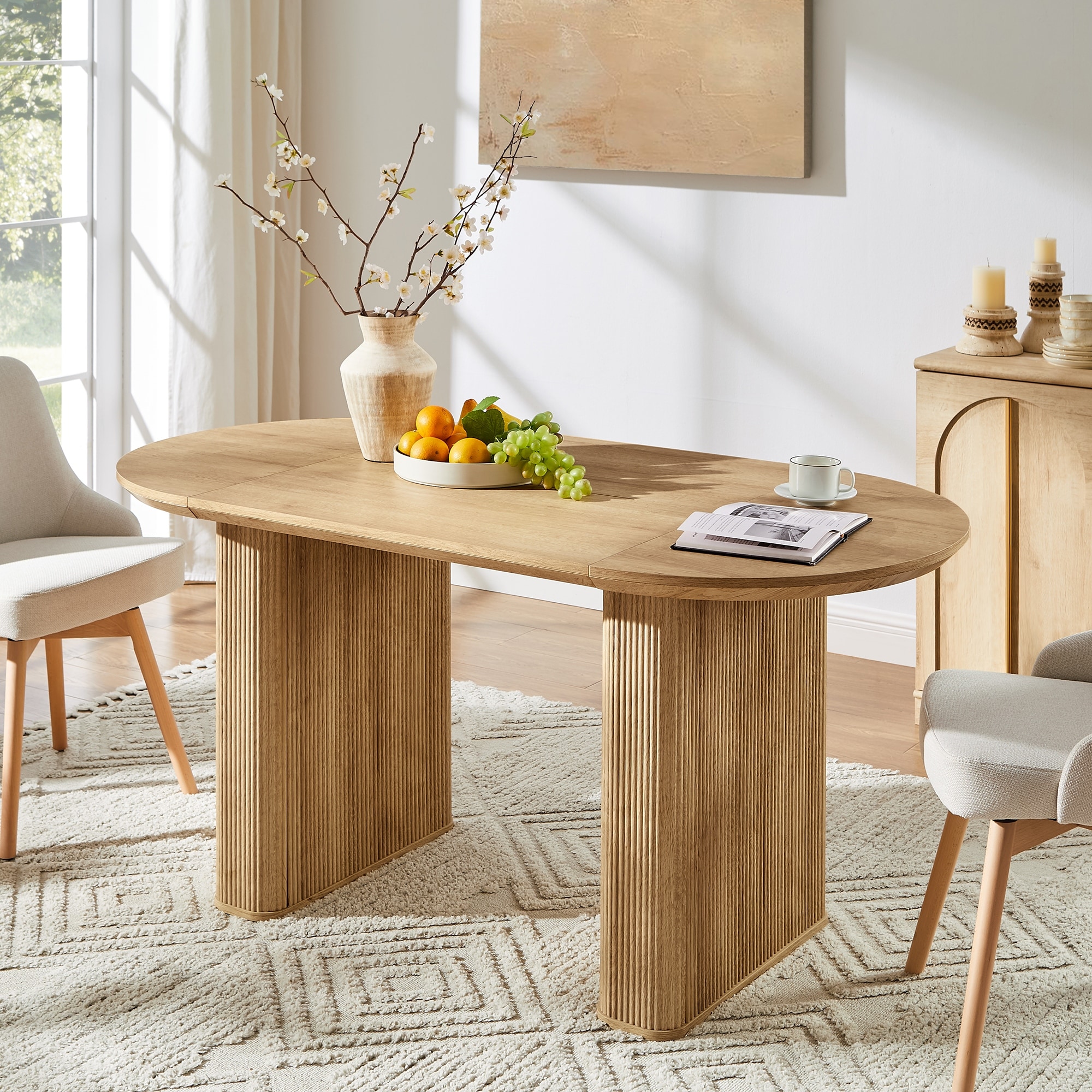 63" Fluted Oval Dining Table for 4-6, Modern Wood Kitchen Table