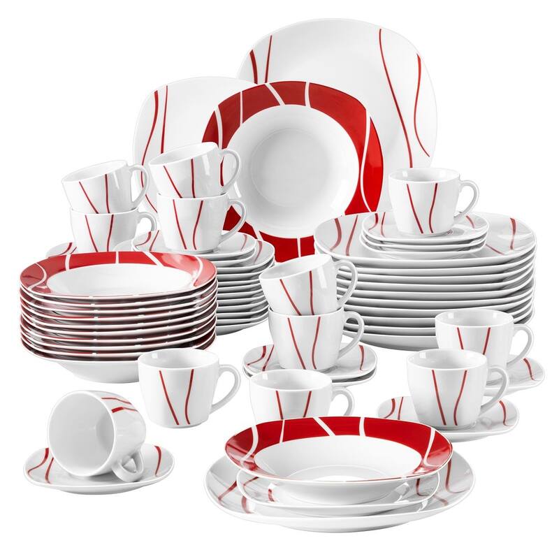 MALACASA Felisa Porcelain Red Stripes Dinnerware Set - 60 Piece