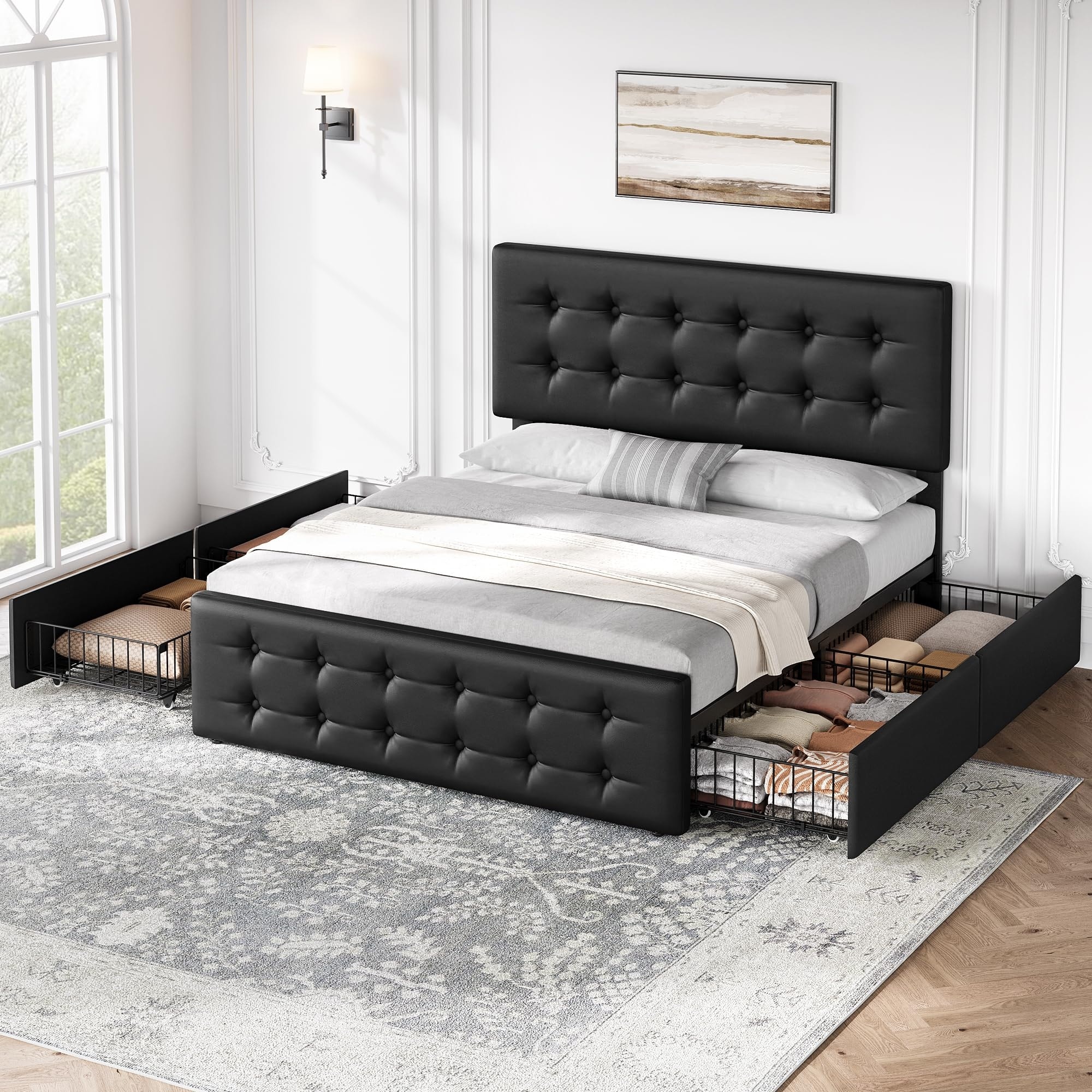 Full Bed Frame with Headboard and 4 Storage Drawers, Platform Bed Frame Square Stitched Button Tufted