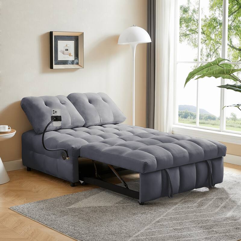 Modern pull-out velvet sofa bed with USB port and rotating phone holder