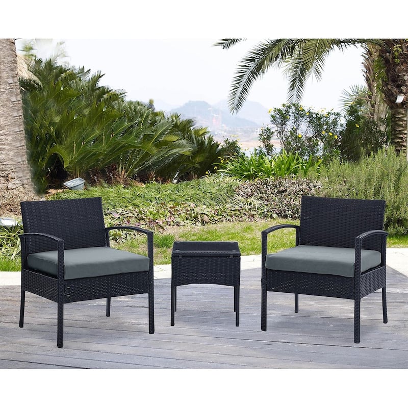 Manhattan Comfort Noli Steel Rattan 3-Piece Patio Conversation Set with Cushions - Grey