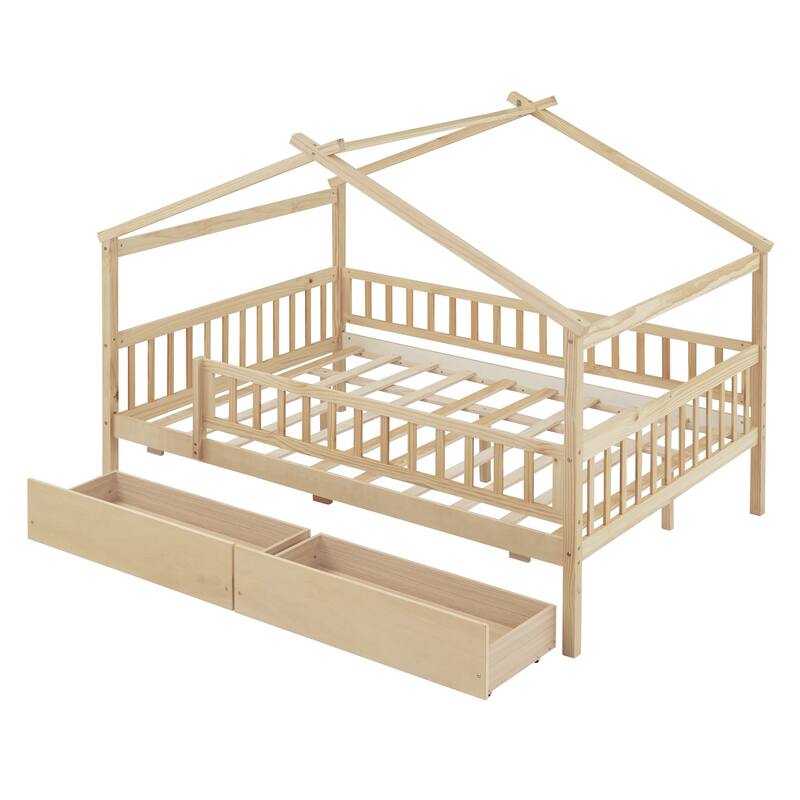 Full Size Wooden House Bed with Two Drawers, Natural - N/A