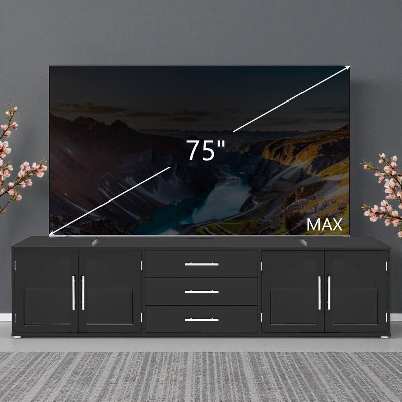 68.9'' Modern Minimalist TV Stand with Glass Doors, 3 Drawers & Adjustable Shelves, Fits TVs up to 75''