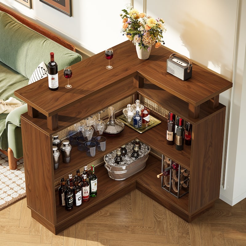 L Shaped Bar Table with 4-Tier Storage Shelf