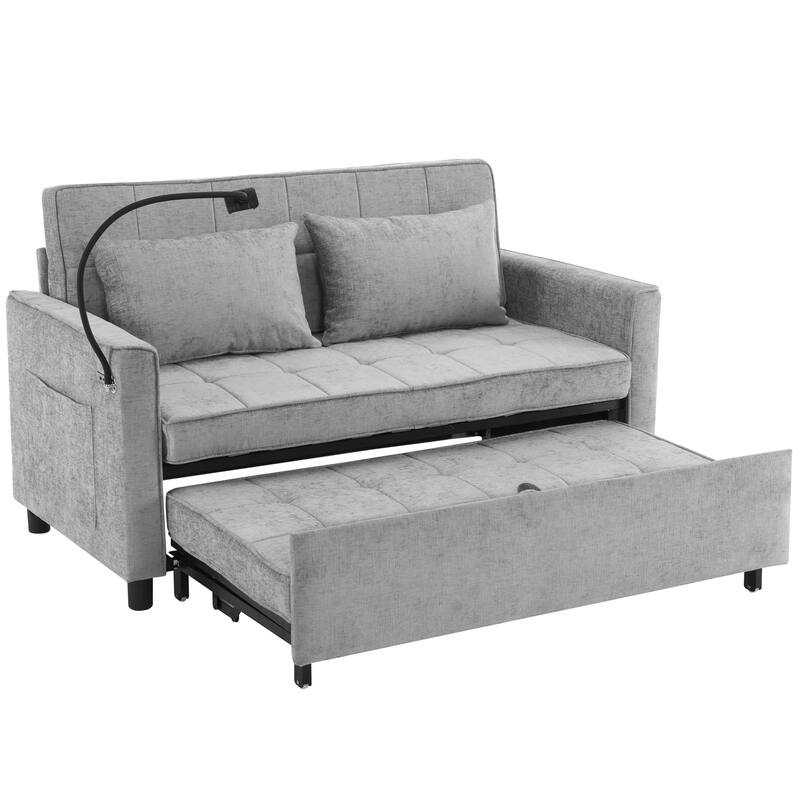 Roomfitters Loveseat Pull-Out Sofa Bed with Reversible Backrest Cushion, Side Pockets, USB Ports, and Phone Holder